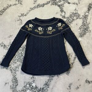 LL Bean Signature Navy Blue Floral Knit Sweater